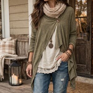 Bobeau Olive Green Asymmetrical Button Cardigan Wrap Top Cozy Lagenlook Small